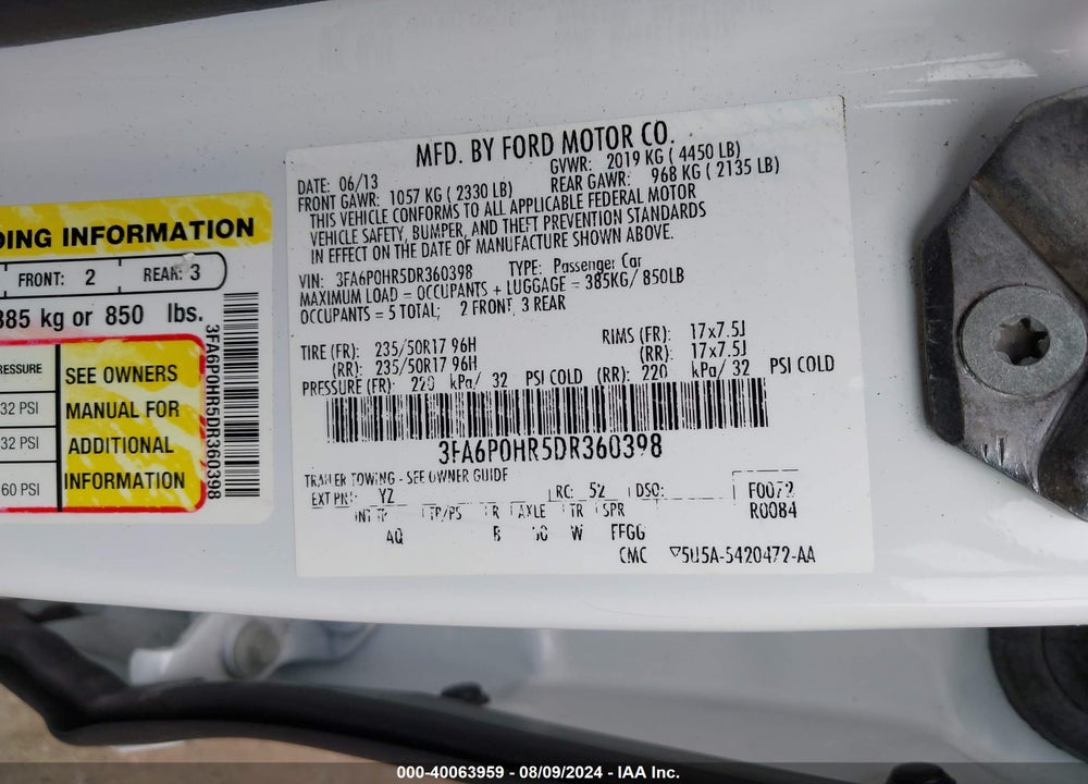 2013 FORD FUSION SE VIN: 3FA6P0HR5DR360398