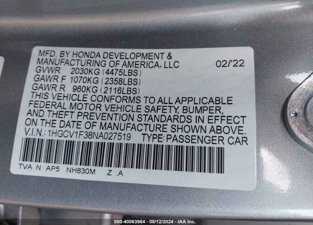 2022 HONDA ACCORD SPORT VIN: 1HGCV1F38NA027519