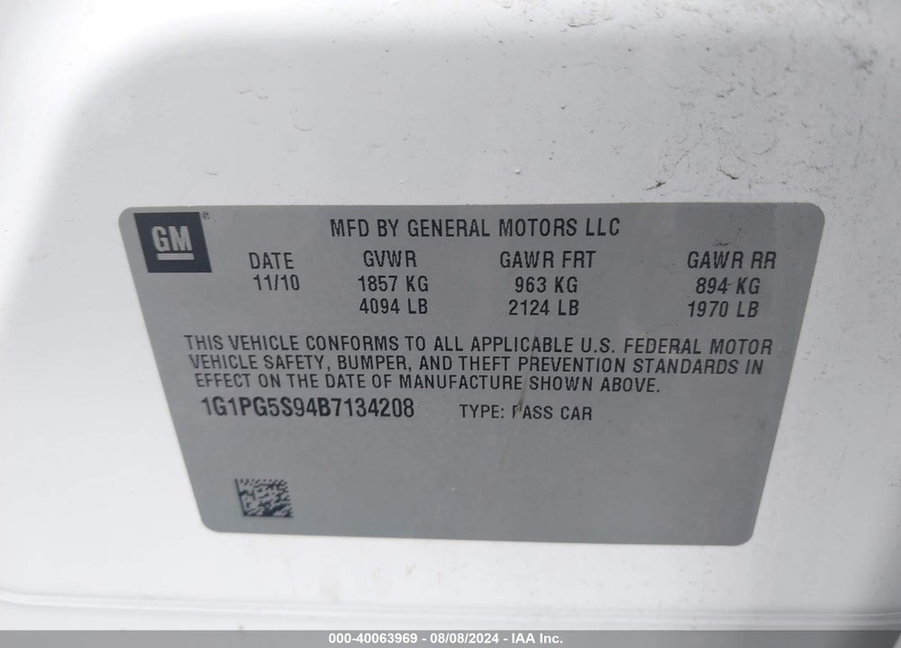 2011 CHEVROLET CRUZE LT VIN: 1G1PG5S94B7134208