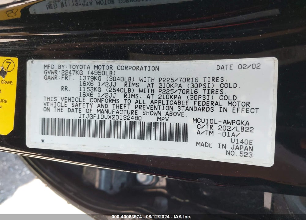 2002 LEXUS RX 300 VIN: JTJGF10UX20132480