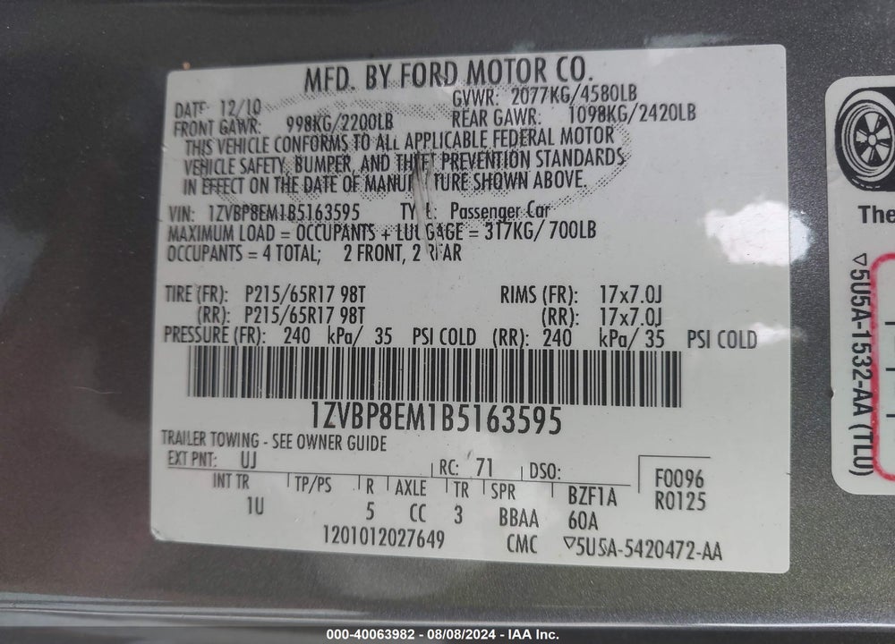 2011 FORD MUSTANG V6 VIN: 1ZVBP8EM1B5163595