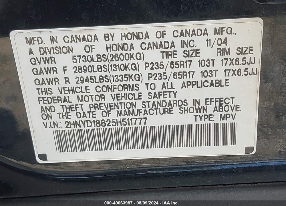 2005 ACURA MDX VIN: 2HNYD18825H511777
