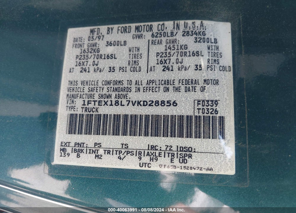 1997 FORD F-150 LARIAT/XL/XLT VIN: 1FTEX18L7VKD28856