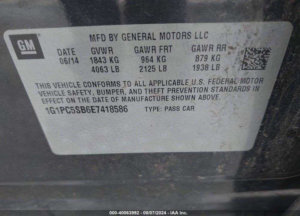 2014 CHEVROLET CRUZE 1LT AUTO VIN: 1G1PC5SB6E7418586
