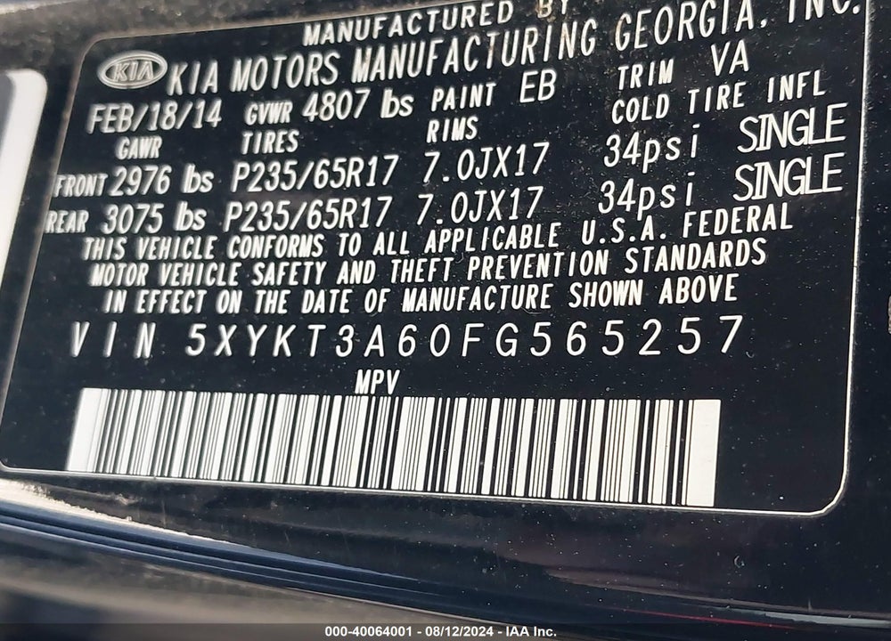 2015 KIA SORENTO LX VIN: 5XYKT3A60FG565257