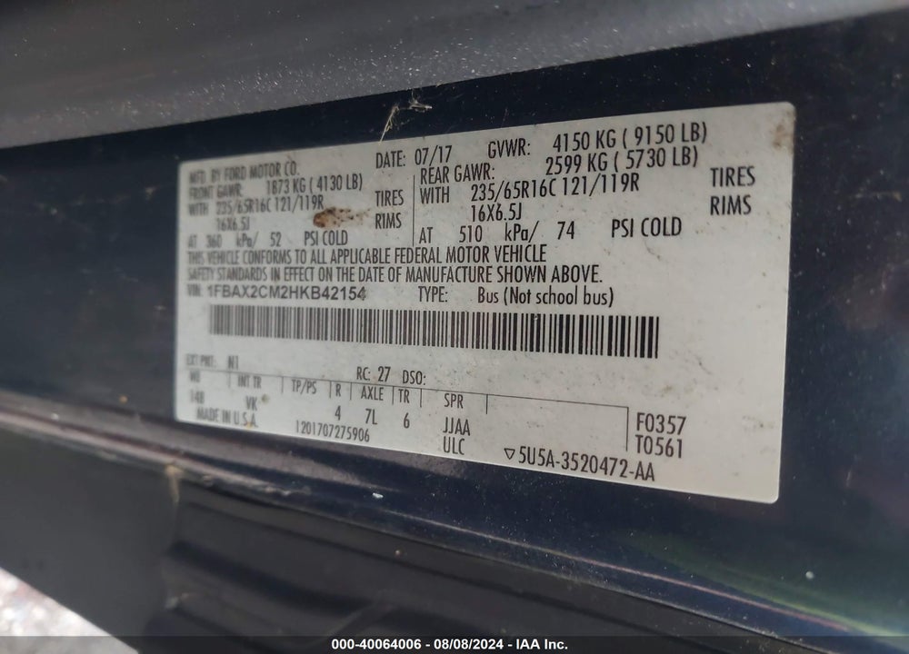 2017 FORD TRANSIT-350 XL VIN: 1FBAX2CM2HKB42154
