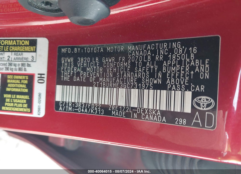 2016 TOYOTA COROLLA S PLUS VIN: 2T1BURHE3GC731975