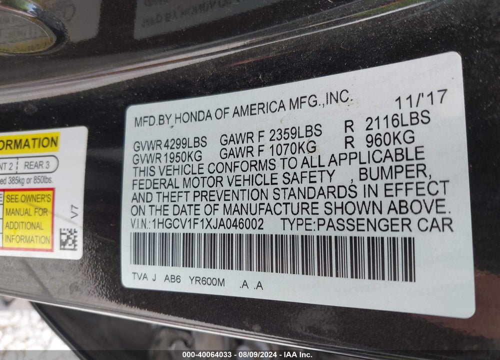 2018 HONDA ACCORD LX VIN: 1HGCV1F1XJA046002