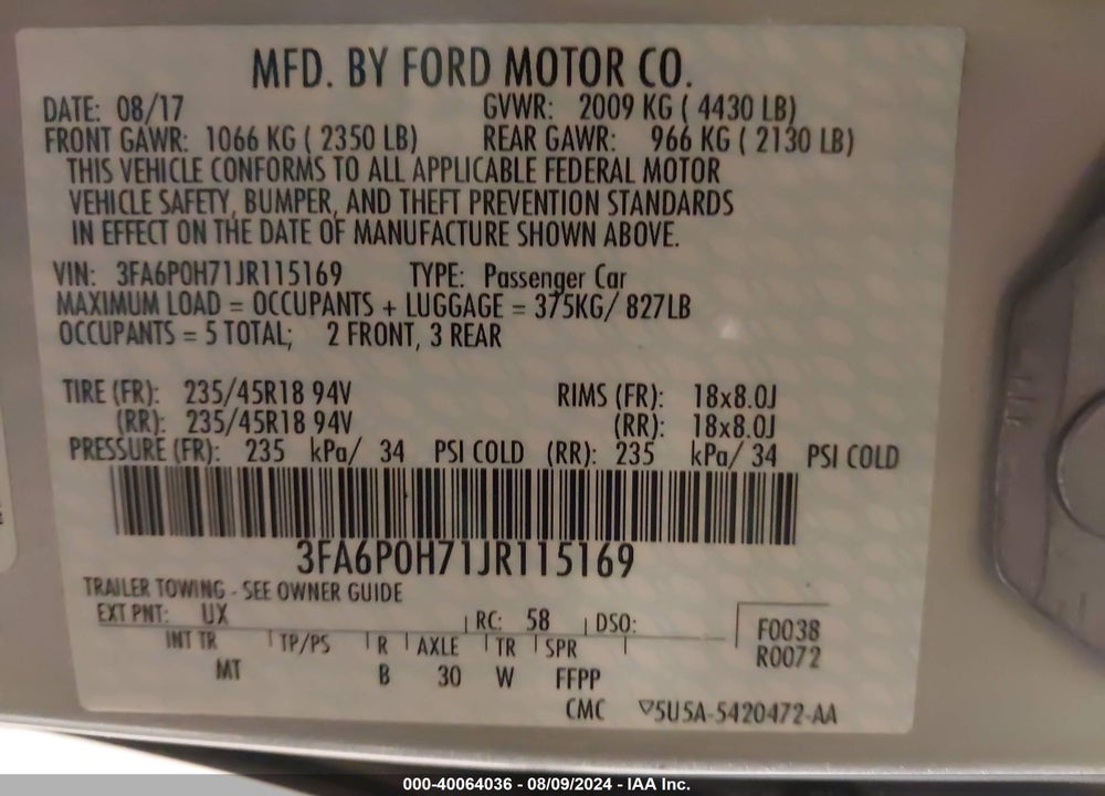 2018 FORD FUSION SE VIN: 3FA6P0H71JR115169
