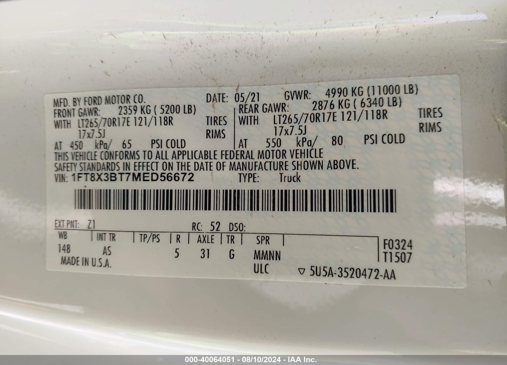 2021 FORD F-350 XL VIN: 1FT8X3BT7MED56672