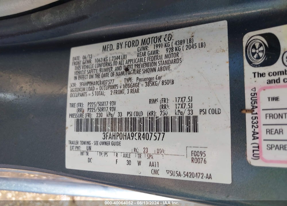 2012 FORD FUSION VIN: 3FAHP0HA9CR407577