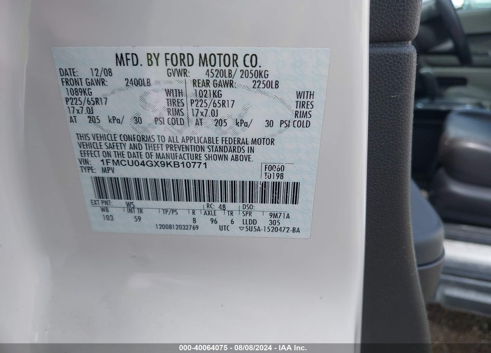2009 FORD ESCAPE LIMITED VIN: 1FMCU04GX9KB10771