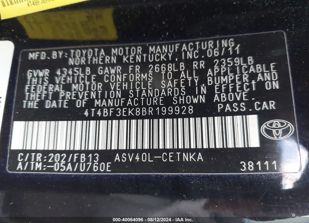 2011 TOYOTA CAMRY LE VIN: 4T4BF3EK8BR199928
