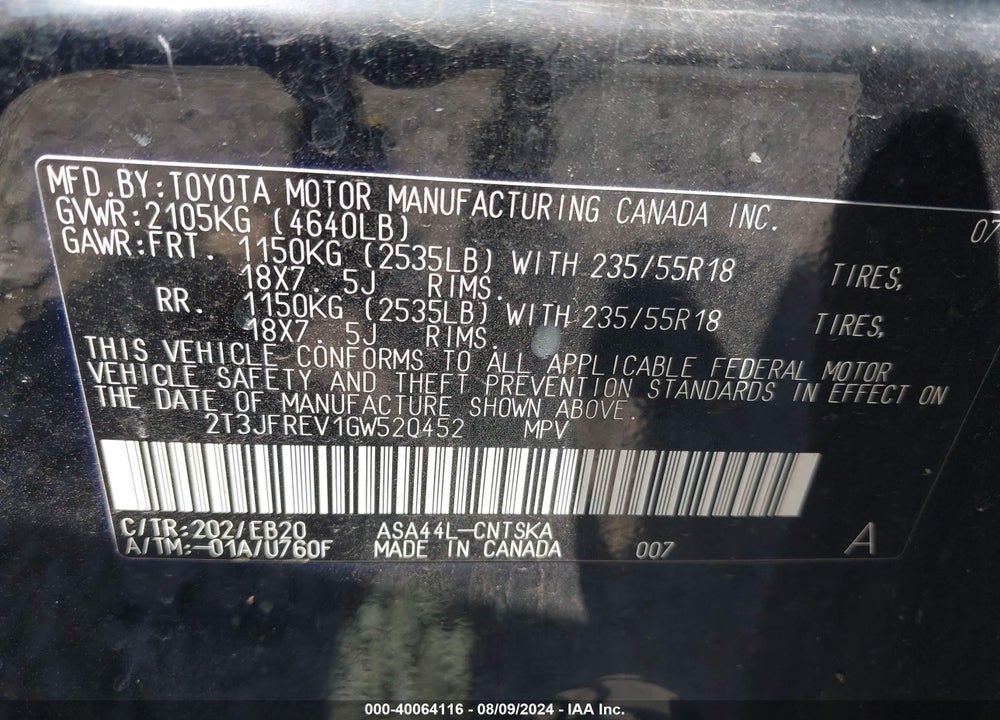 2016 TOYOTA RAV4 SE VIN: 2T3JFREV1GW520452