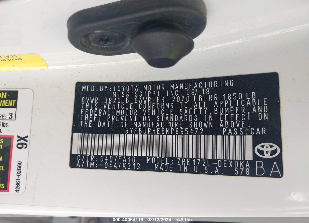 2019 TOYOTA COROLLA L VIN: 5YFBURHE6KP895472