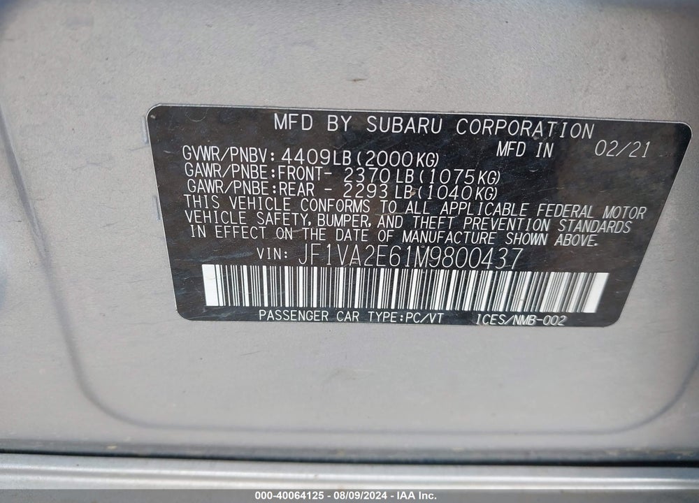 2021 SUBARU WRX STI VIN: JF1VA2E61M9800437