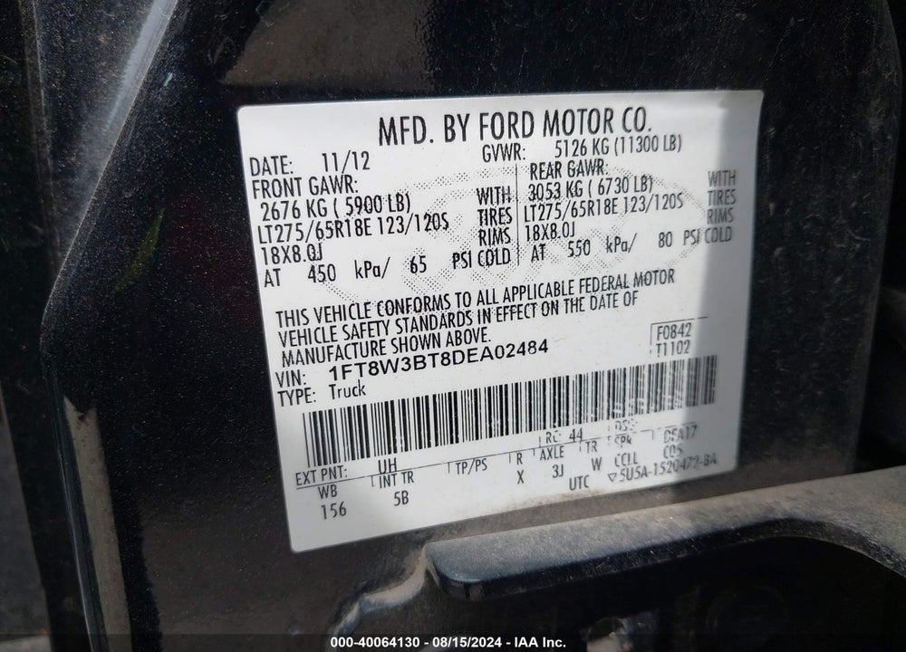 2013 FORD F-350 LARIAT VIN: 1FT8W3BT8DEA02484