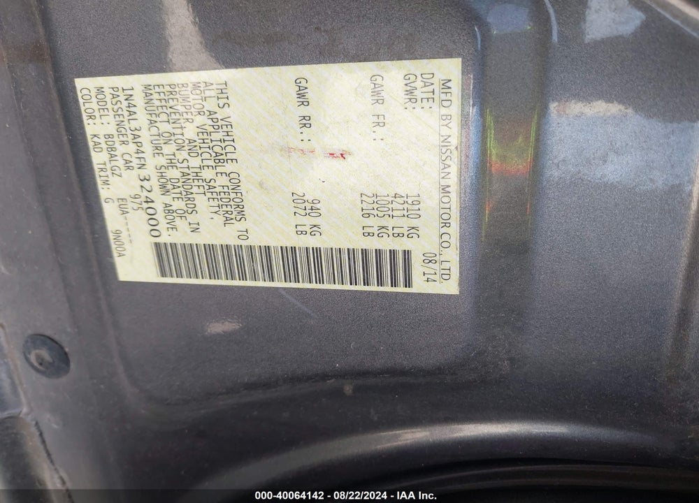 2015 NISSAN ALTIMA VIN: 1N4AL3AP4FN324000