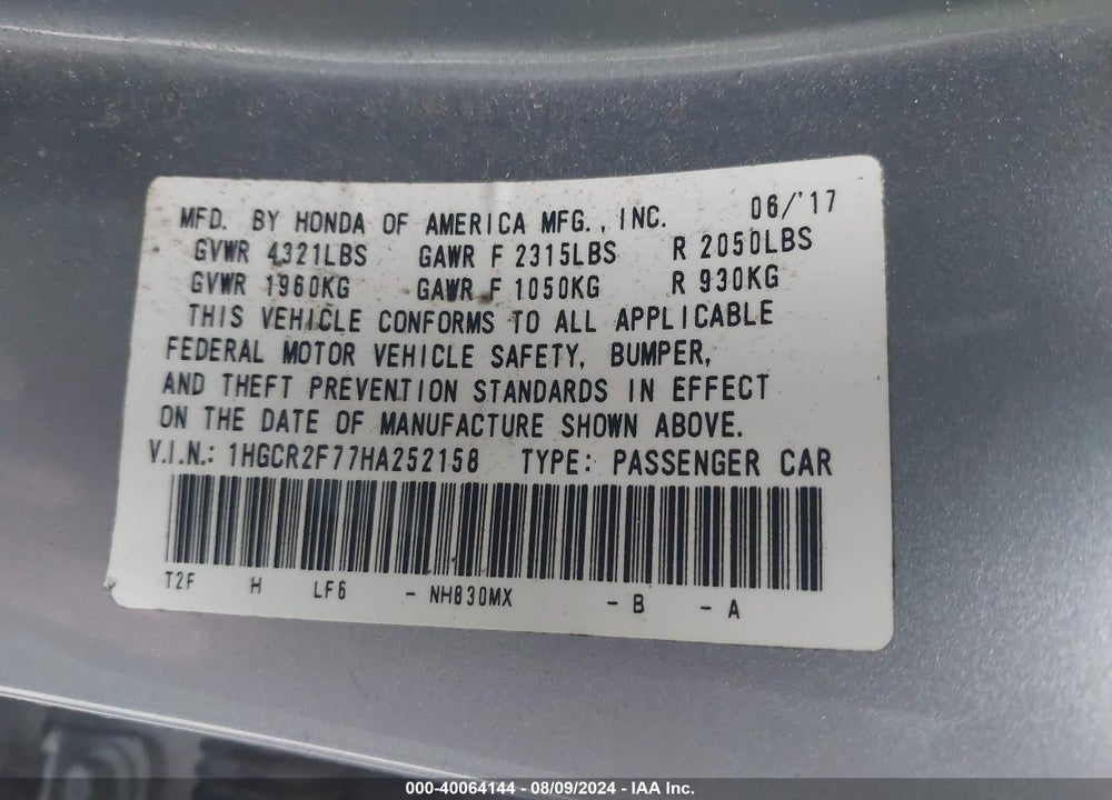 2017 HONDA ACCORD EX VIN: 1HGCR2F77HA252158