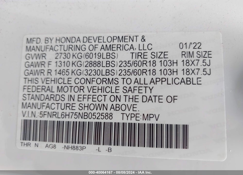 2022 HONDA ODYSSEY EX-L VIN: 5FNRL6H75NB052588