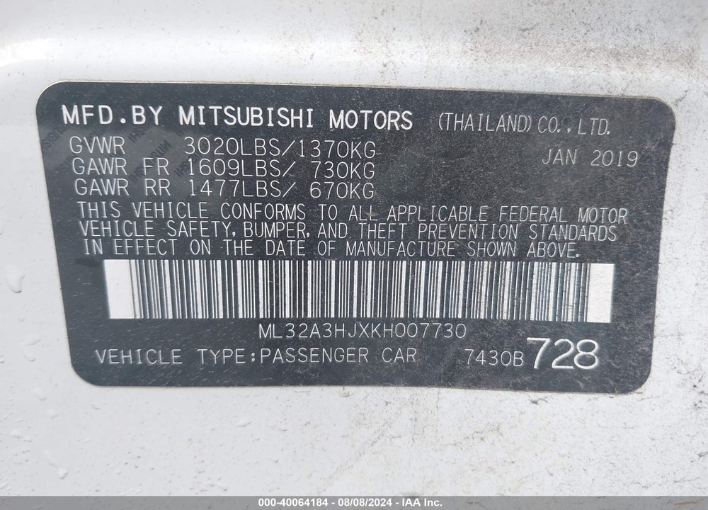 2019 MITSUBISHI MIRAGE RF VIN: ML32A3HJXKH007730