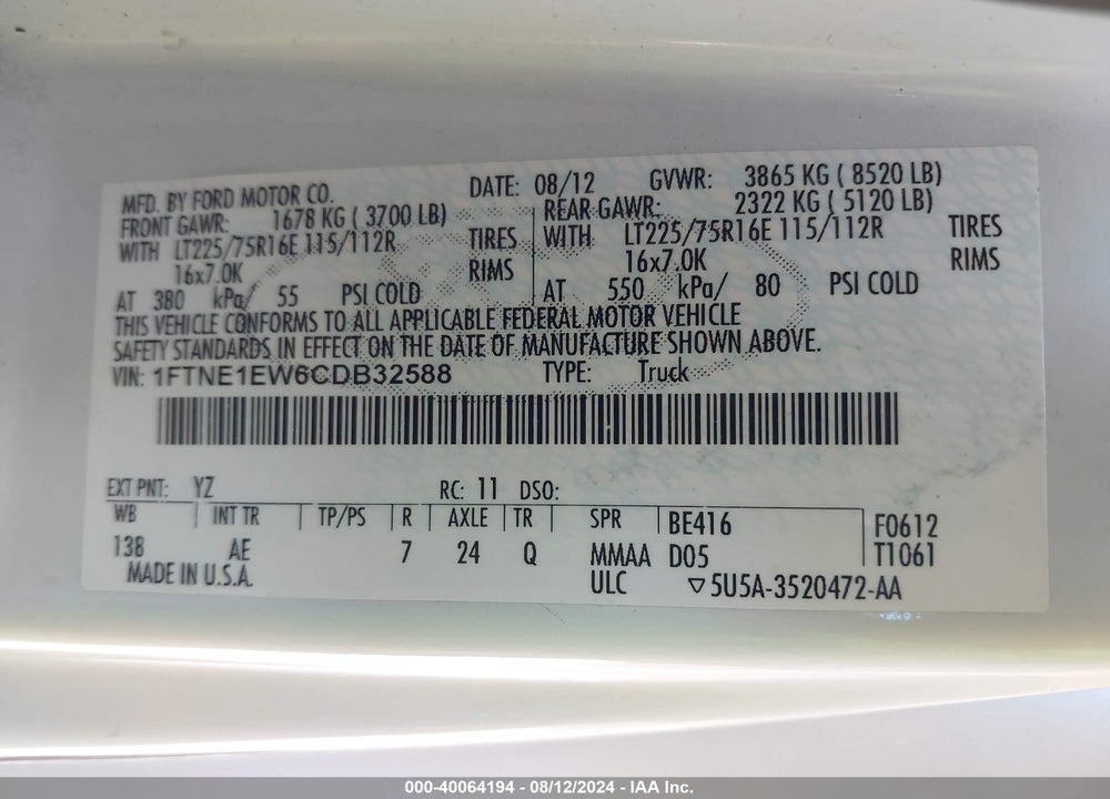 2012 FORD E-150 COMMERCIAL VIN: 1FTNE1EW6CDB32588