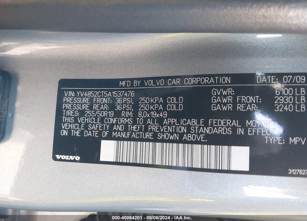 2010 VOLVO XC90 V8 VIN: YV4852CT5A1537476