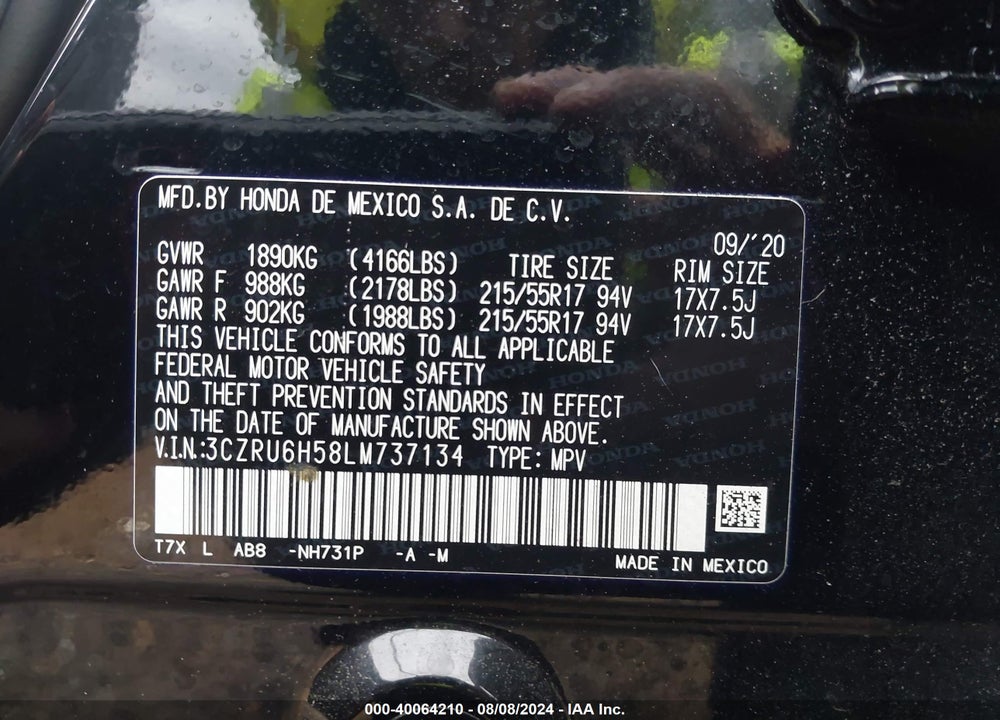 2020 HONDA HR-V AWD EX VIN: 3CZRU6H58LM737134