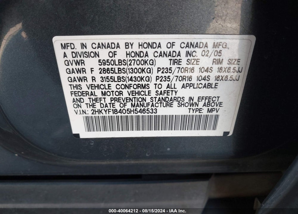 2005 HONDA PILOT VIN: 2HKYF18405H546533