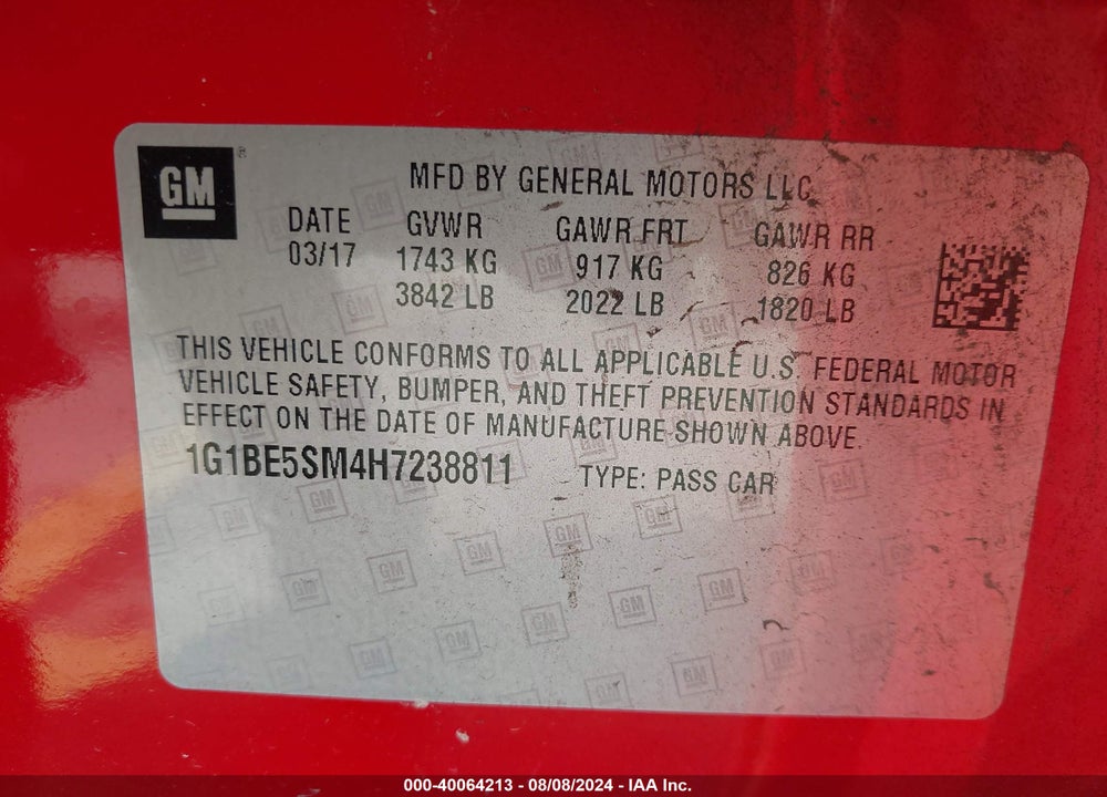 2017 CHEVROLET CRUZE LT AUTO VIN: 1G1BE5SM4H7238811