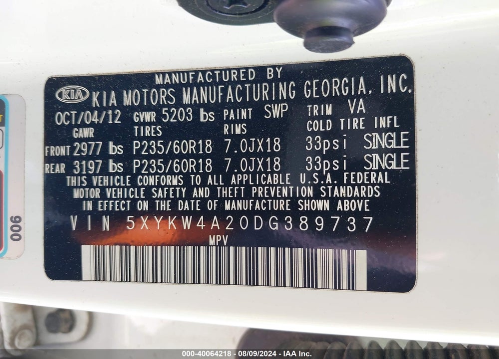 2013 KIA SORENTO SX VIN: 5XYKW4A20DG389737