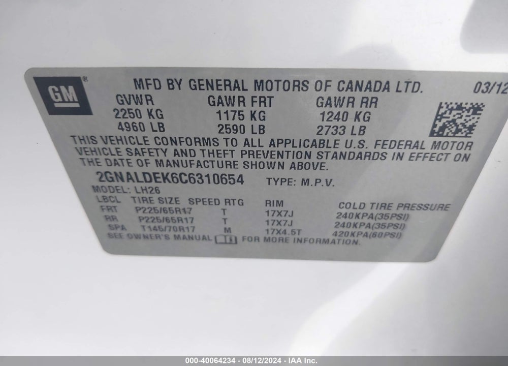2012 CHEVROLET EQUINOX 1LT VIN: 2GNALDEK6C6310654