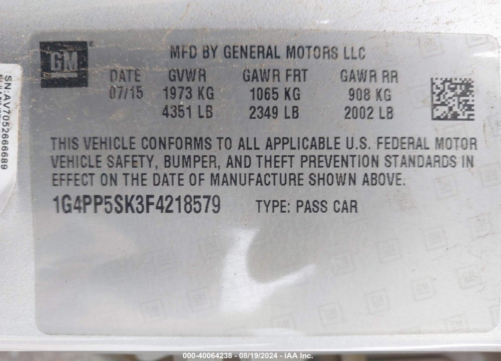 2015 BUICK VERANO VIN: 1G4PP5SK3F4218579