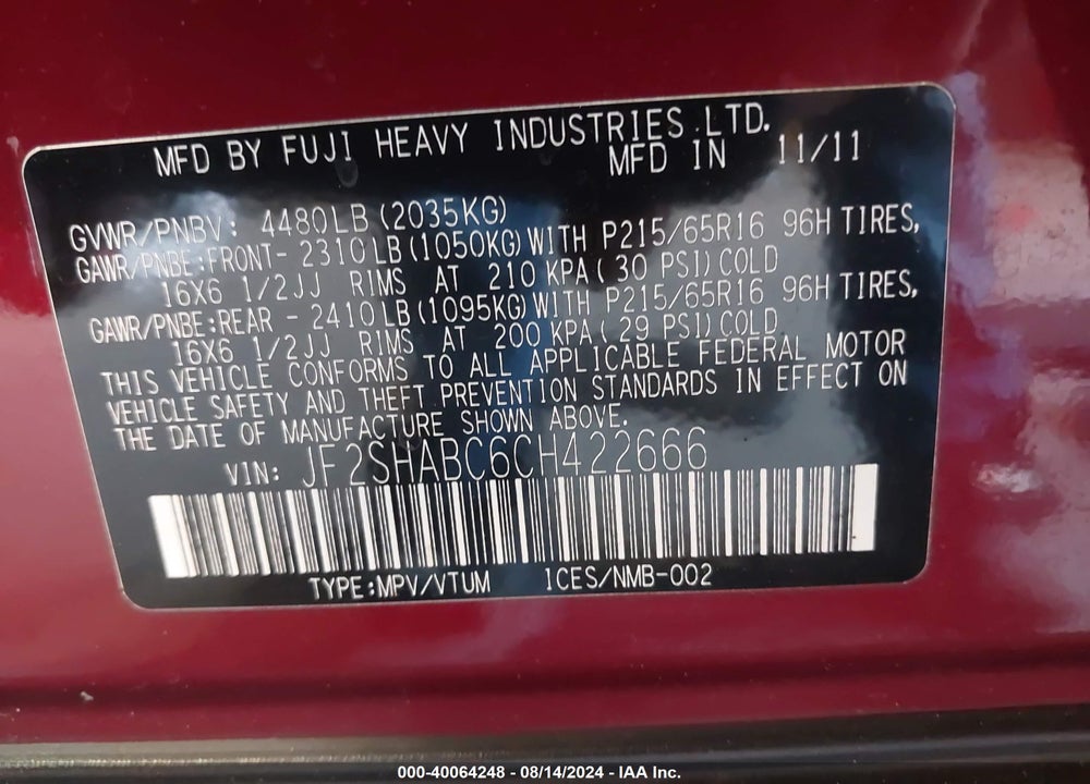 2012 SUBARU FORESTER VIN: JF2SHABC6CH422666
