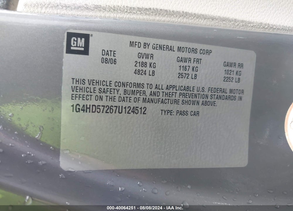 2007 BUICK LUCERNE CXL VIN: 1G4HD57267U124512