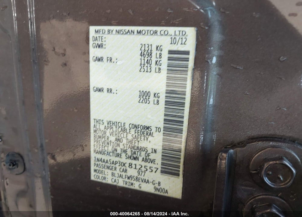 2013 NISSAN MAXIMA 3.5 SV VIN: 1N4AA5AP3DC812557
