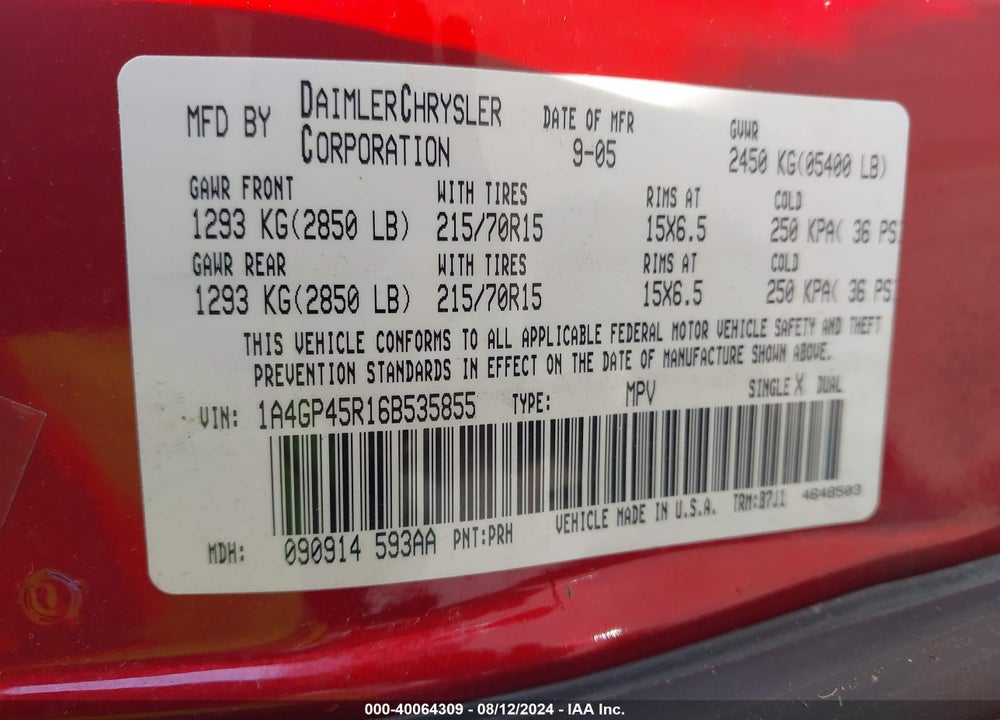 2006 CHRYSLER TOWN & COUNTRY VIN: 1A4GP45R16B535855