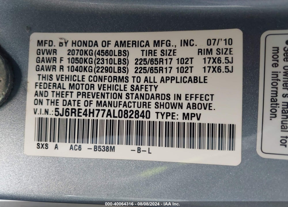 2010 HONDA CR-V EX-L VIN: 5J6RE4H77AL082840