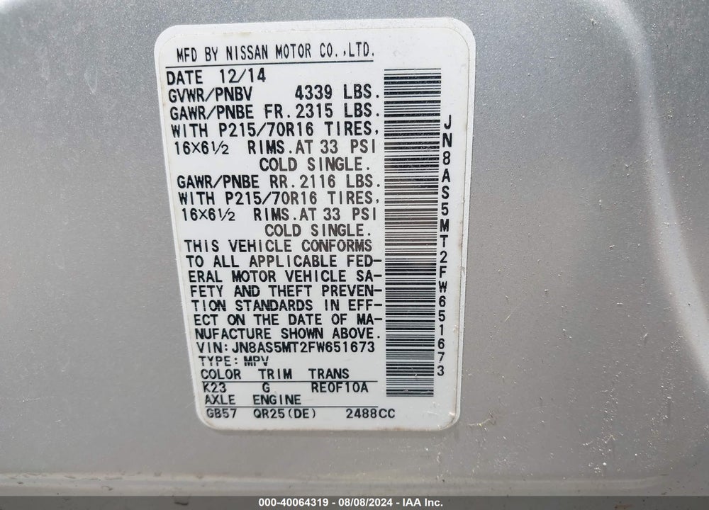 2015 NISSAN ROGUE SELECT S VIN: JN8AS5MT2FW651673