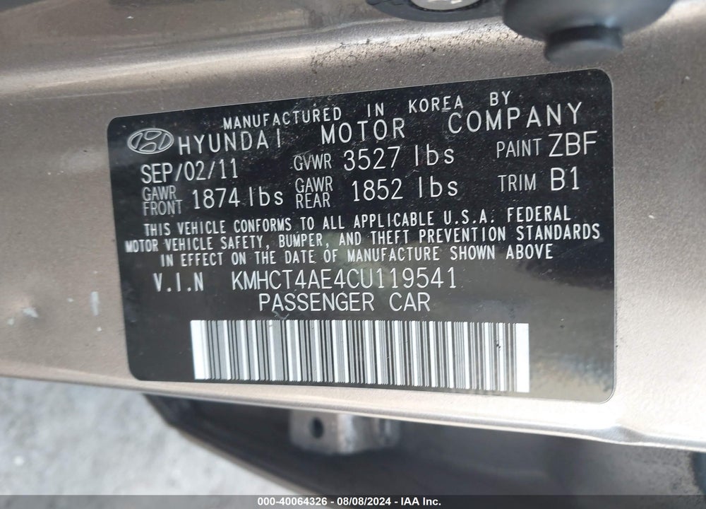 2012 HYUNDAI ACCENT VIN: KMHCT4AE4CU119541