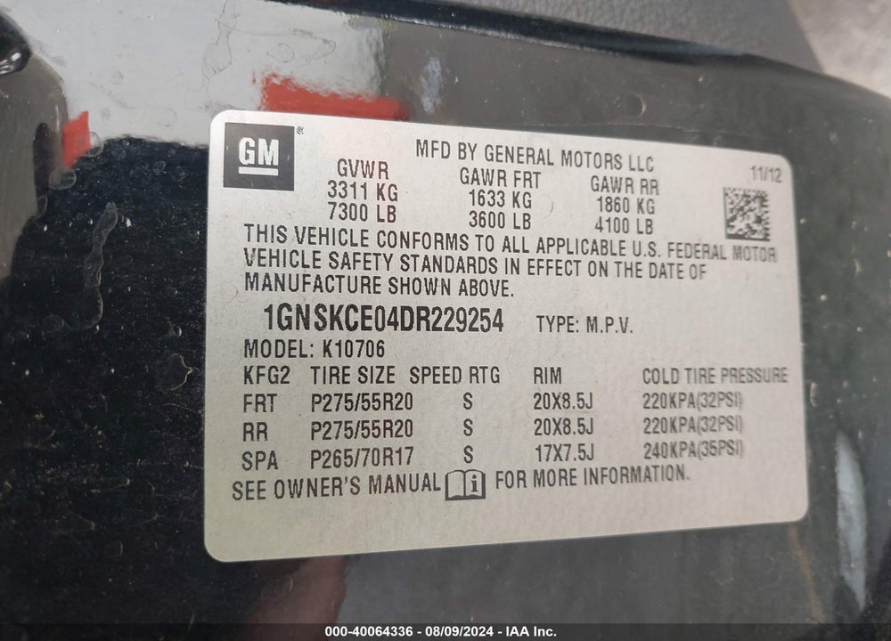2013 CHEVROLET TAHOE LTZ VIN: 1GNSKCE04DR229254