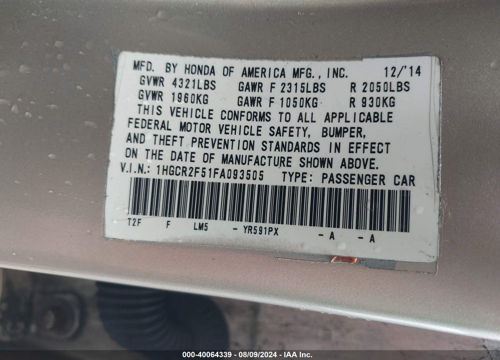 2015 HONDA ACCORD SPORT VIN: 1HGCR2F51FA093505