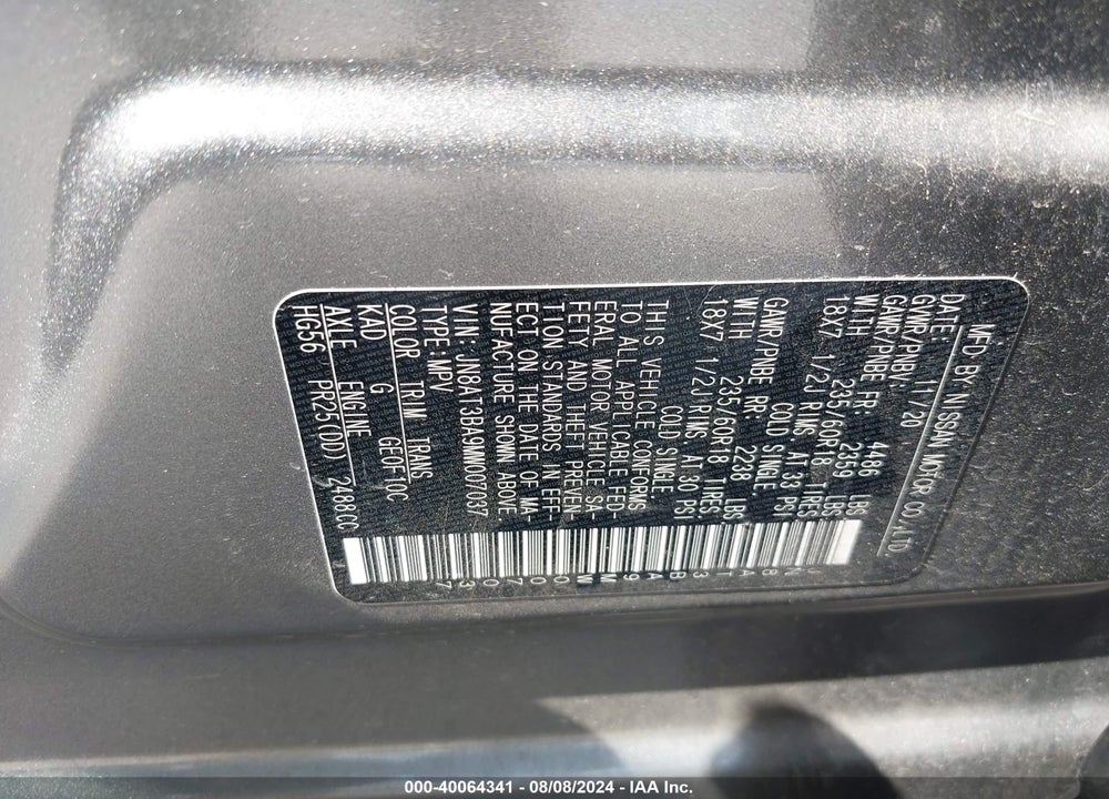 2021 NISSAN ROGUE SV FWD VIN: JN8AT3BA9MW007037