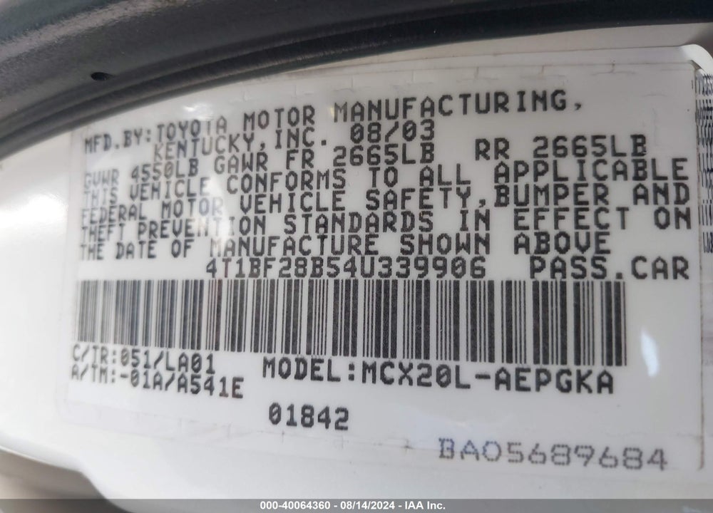 2004 TOYOTA AVALON XLS VIN: 4T1BF28B54U339906