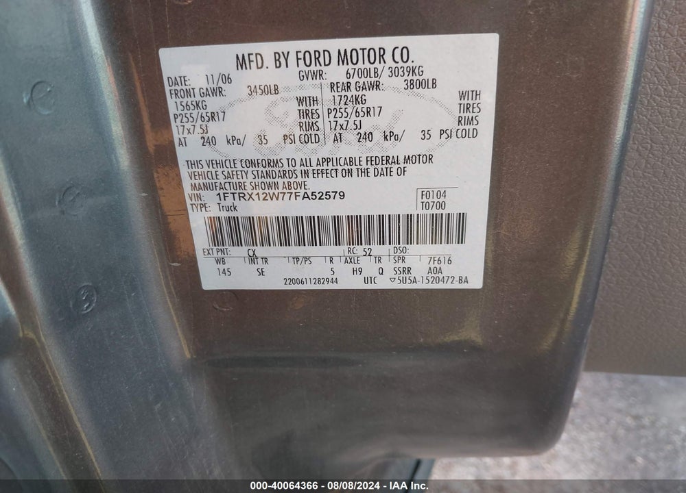 2007 FORD F-150 STX/XL/XLT VIN: 1FTRX12W77FA52579