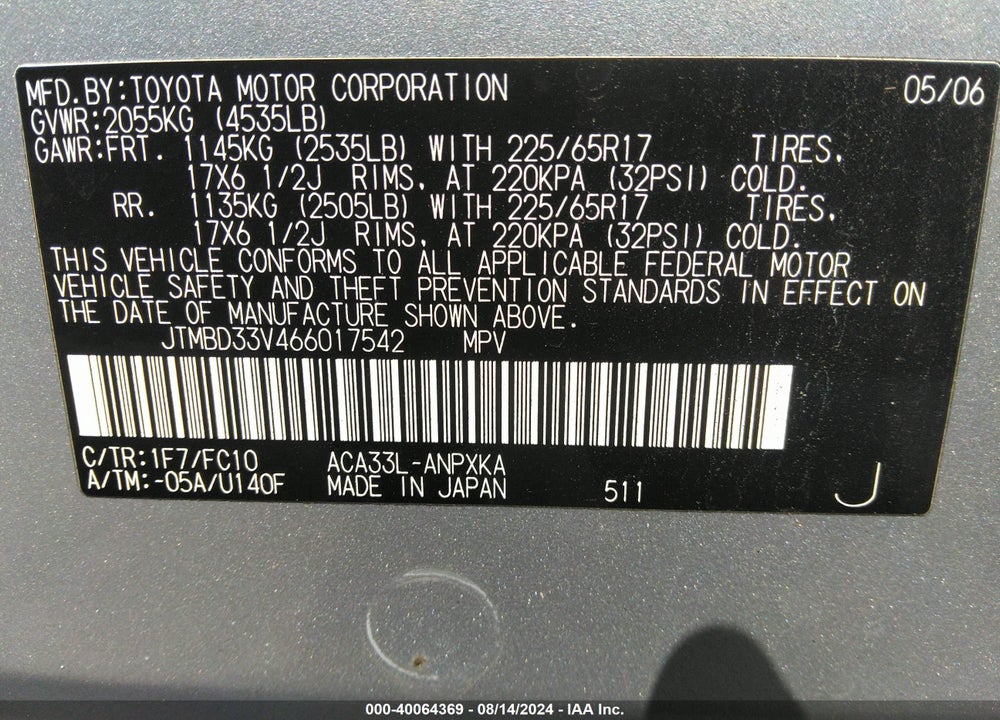 2006 TOYOTA RAV4 VIN: JTMBD33V466017542