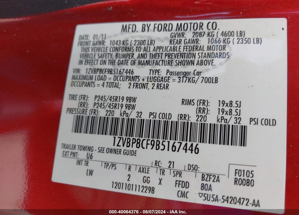 2011 FORD MUSTANG GT PREMIUM VIN: 1ZVBP8CF9B5167446