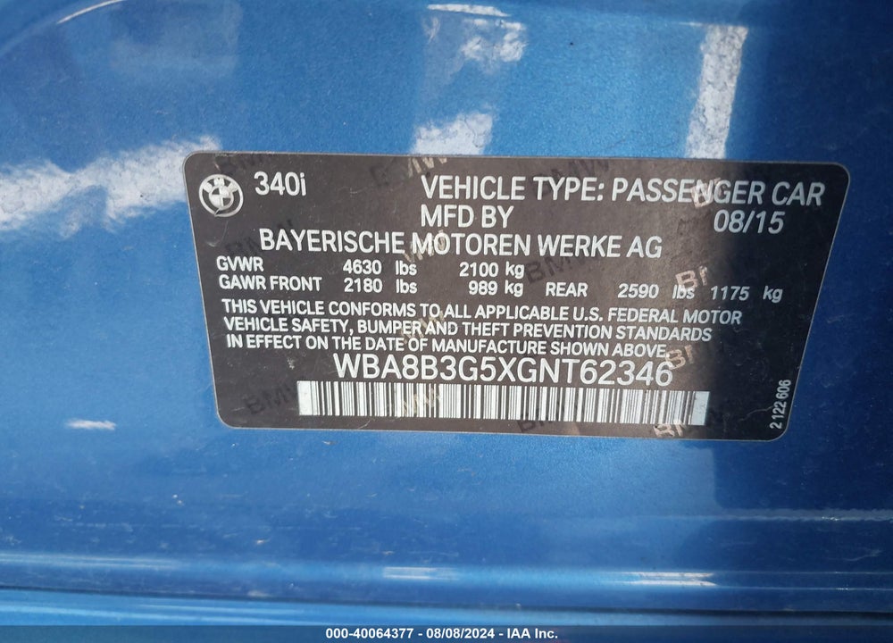 2016 BMW 340I VIN: WBA8B3G5XGNT62346