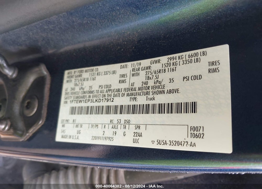 2020 FORD F-150 XLT VIN: 1FTEW1EP3LKD17912