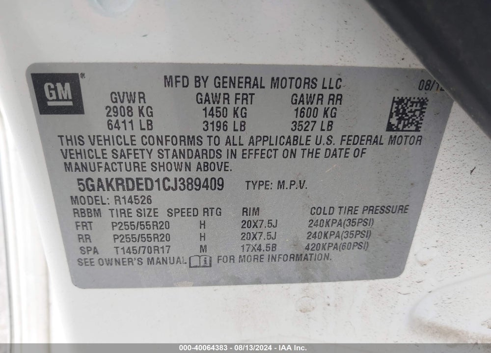 2012 BUICK ENCLAVE PREMIUM VIN: 5GAKRDED1CJ389409